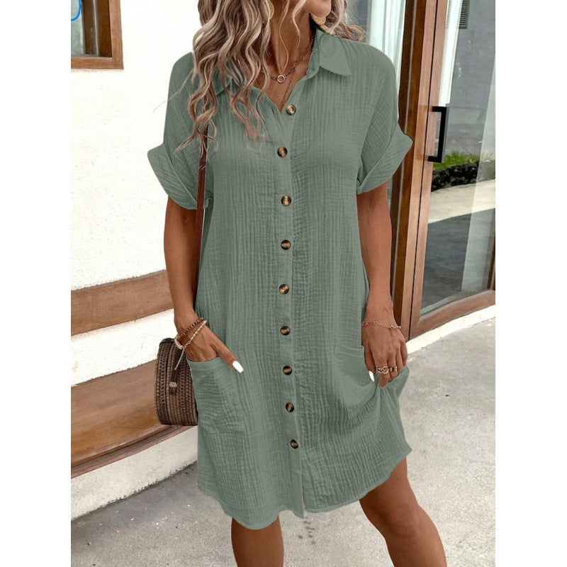 Robe d'été Simple en coton et lin, col en v, boutons, chemise pour femmes