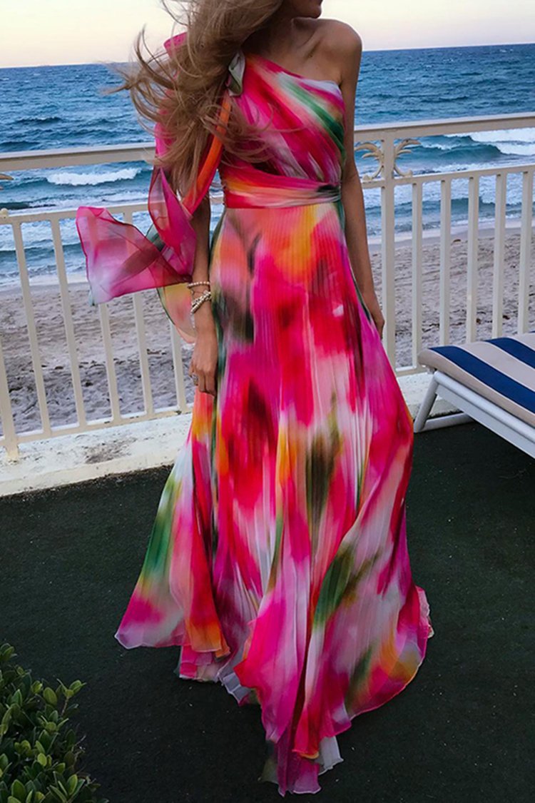 Robe plissée à taille plissée pour femmes, nouveaux produits d'été transfrontaliers européens et américains, mode pièce unique, imprimé arc-en-ciel, 2022