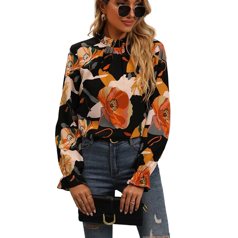 Shiying Automne Mince Pull Imprimé Floral Pour Les Femmes 2024 Tempérament Transfrontalier Européen Et Américain Banlieusard Couleur Contrastée Chemise En Mousseline De Soie Pour Les Femmes