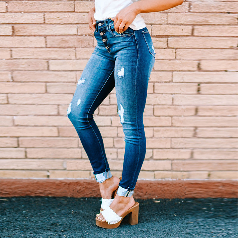 Jean slim déchiré pour femme, pantalon crayon délavé à boutonnage, décontracté, nouveau Style, vente directe d'usine, automne 2022