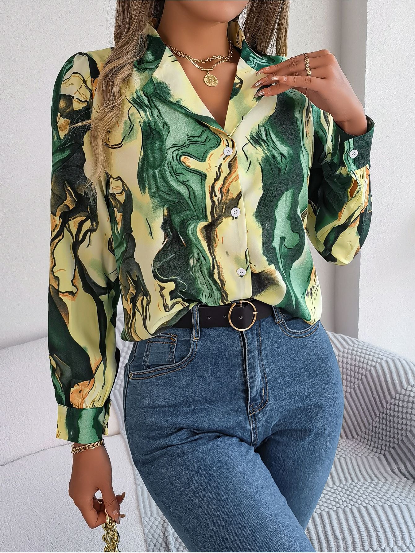 Real Shot 2024 Printemps Et Été Loisirs Européens Et Américains Contraste Rayé Costume Col Chemise À Manches Longues Station Indépendante Vêtements Transfrontaliers Pour Femmes