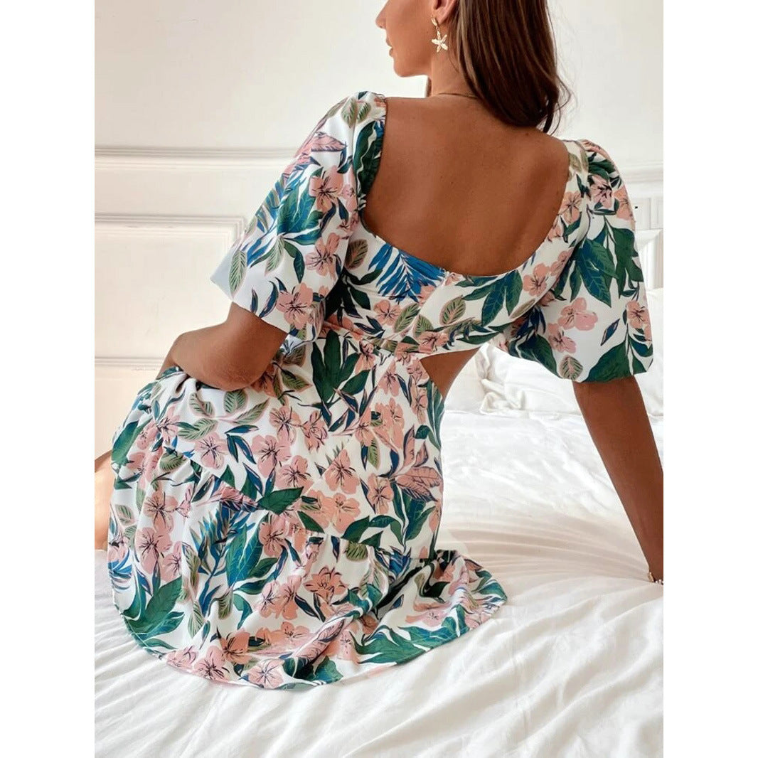 Nouveaux vêtements pour femmes printemps et été épaule Oblique manches bouffantes taille exposée robe
