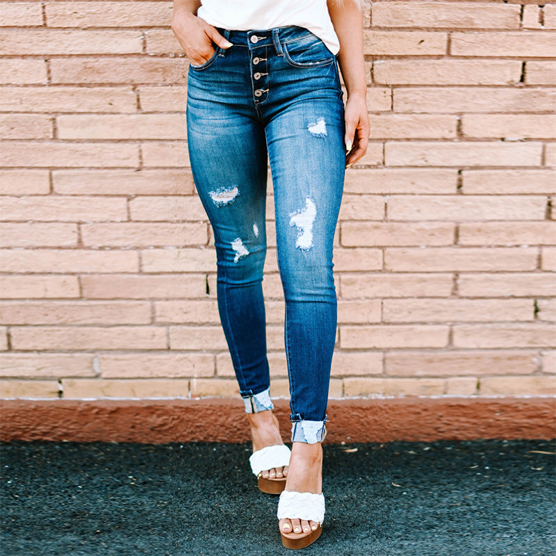 Jean slim déchiré pour femme, pantalon crayon délavé à boutonnage, décontracté, nouveau Style, vente directe d'usine, automne 2022