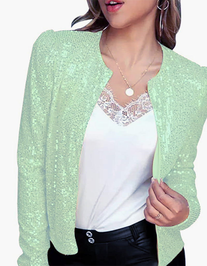 2023 printemps transfrontalier nouvelle mode européenne et américaine mode col montant couleur unie manteau à paillettes court décontracté polyvalent petit manteau