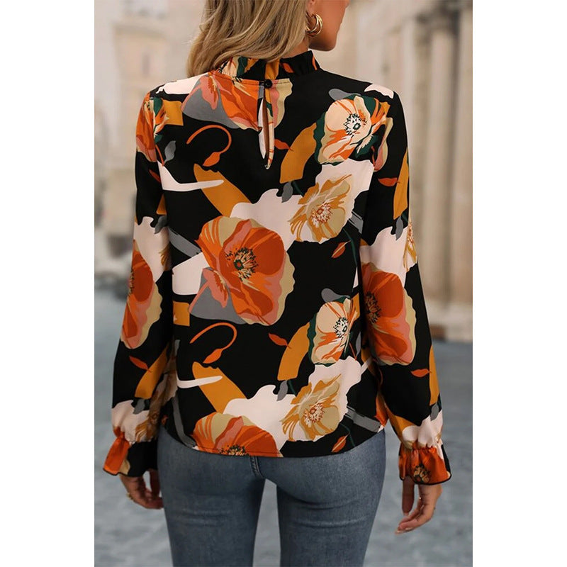 Shiying Automne Mince Pull Imprimé Floral Pour Les Femmes 2024 Tempérament Transfrontalier Européen Et Américain Banlieusard Couleur Contrastée Chemise En Mousseline De Soie Pour Les Femmes