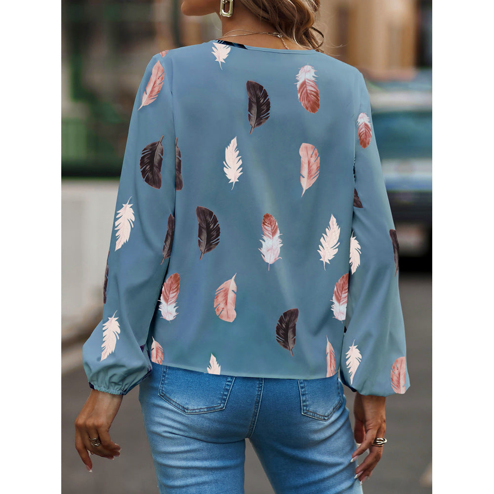 T-shirt à manches longues et col en v pour femmes, ample, avec impression de plumes, transfrontalier, européen et américain, Amazon