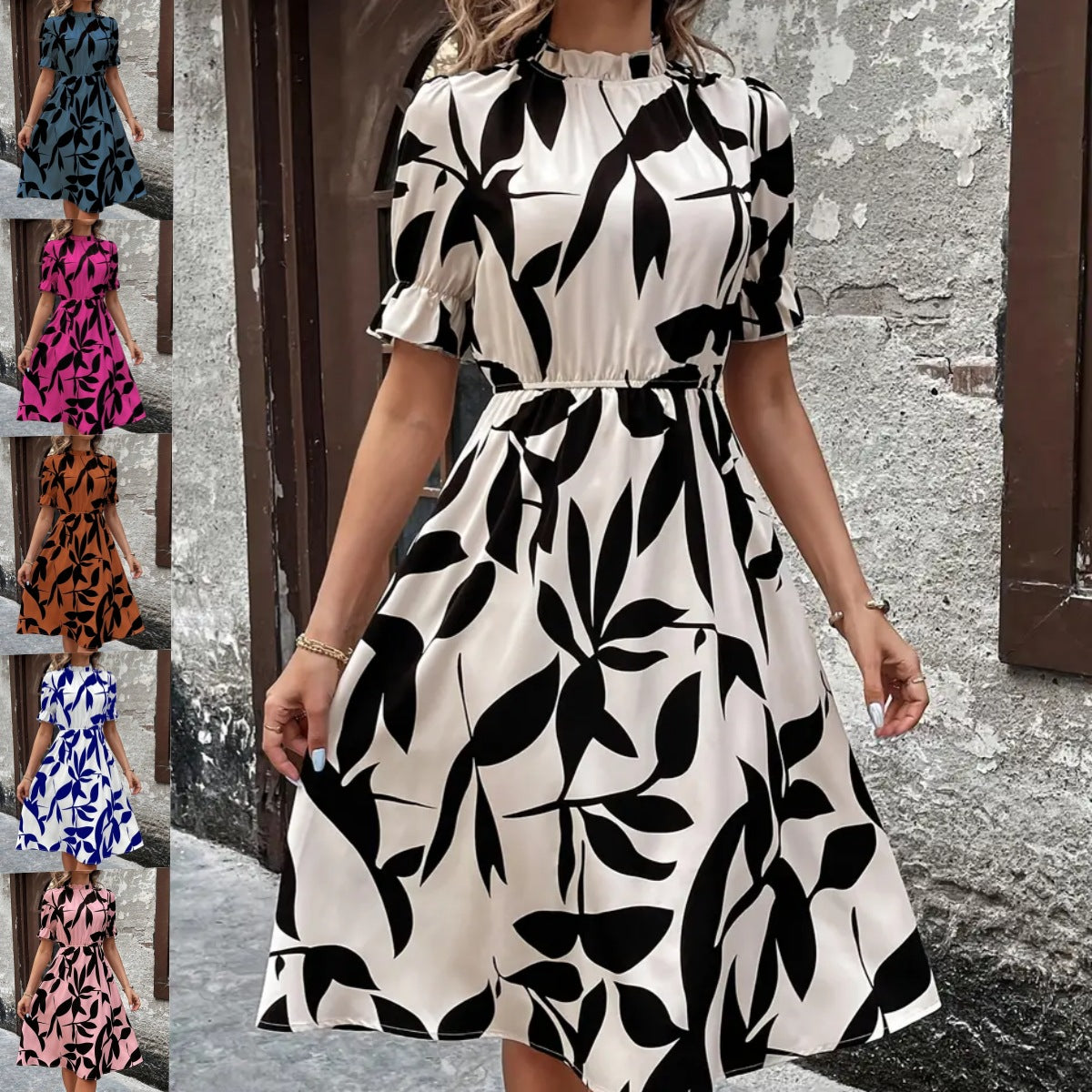 Robe à manches courtes, imprimé plante à volants, grande jupe à la taille, explosions d'europe et d'amérique