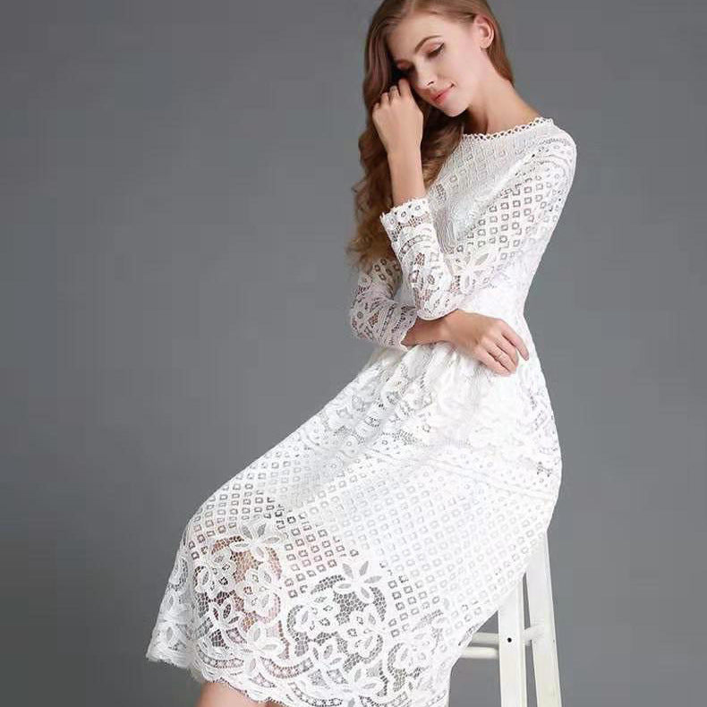 Robe mi-longue en dentelle, col rond, ajourée, Simple, manches longues, Slim, nouvelle collection automne