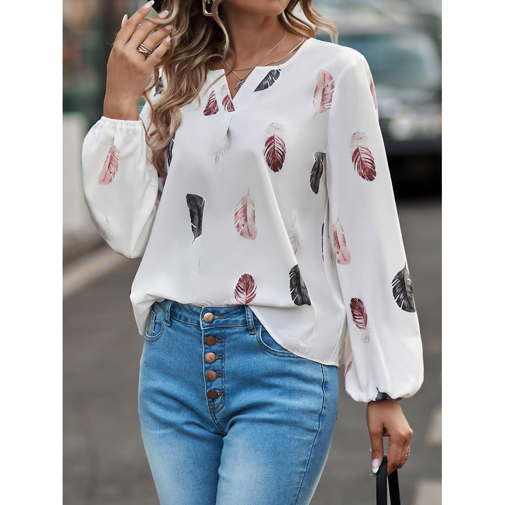 T-shirt à manches longues et col en v pour femmes, ample, avec impression de plumes, transfrontalier, européen et américain, Amazon