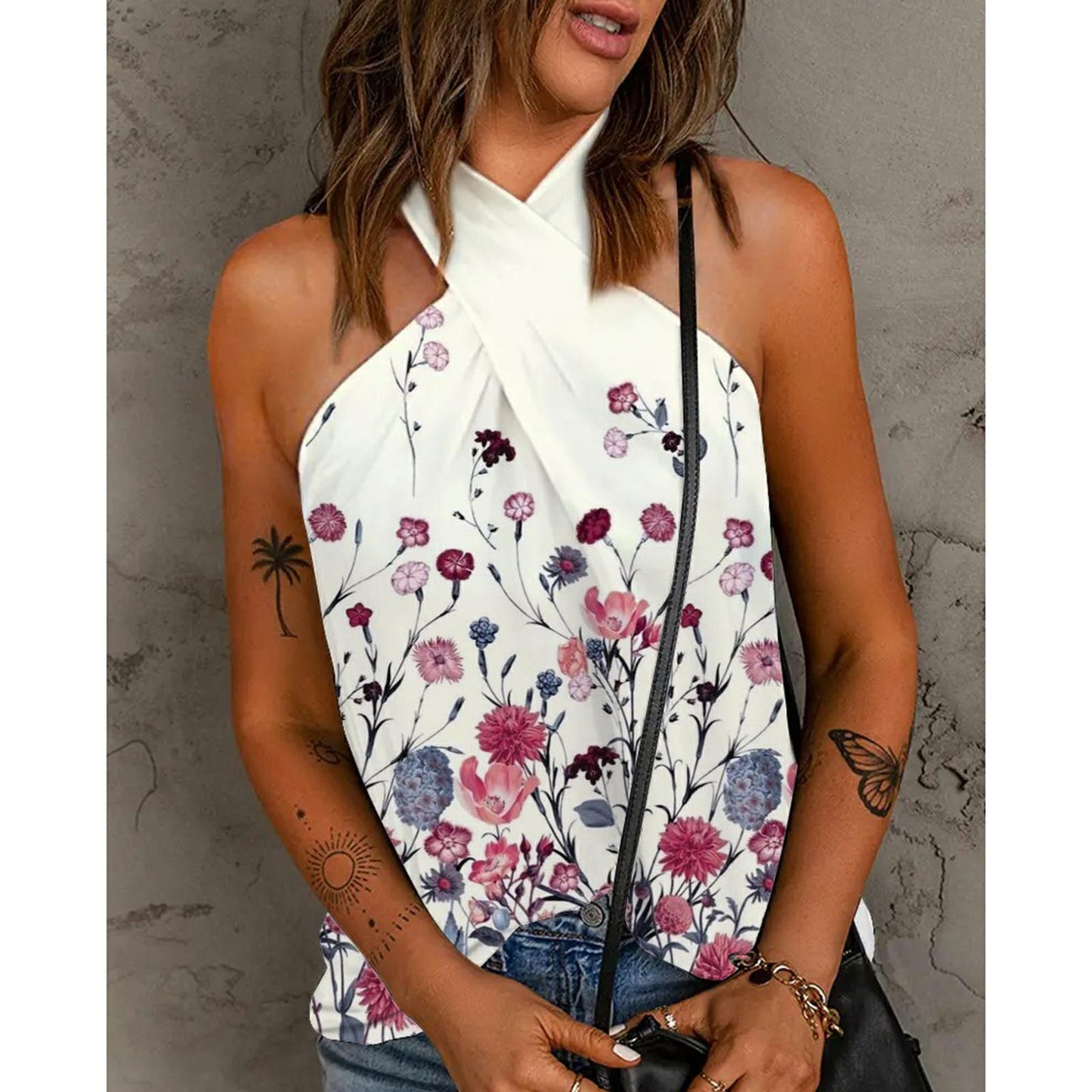 Pull d'été imprimé châle, décontracté, sans couture, impression de positionnement, ample, sans manches, col licou, T-shirt
