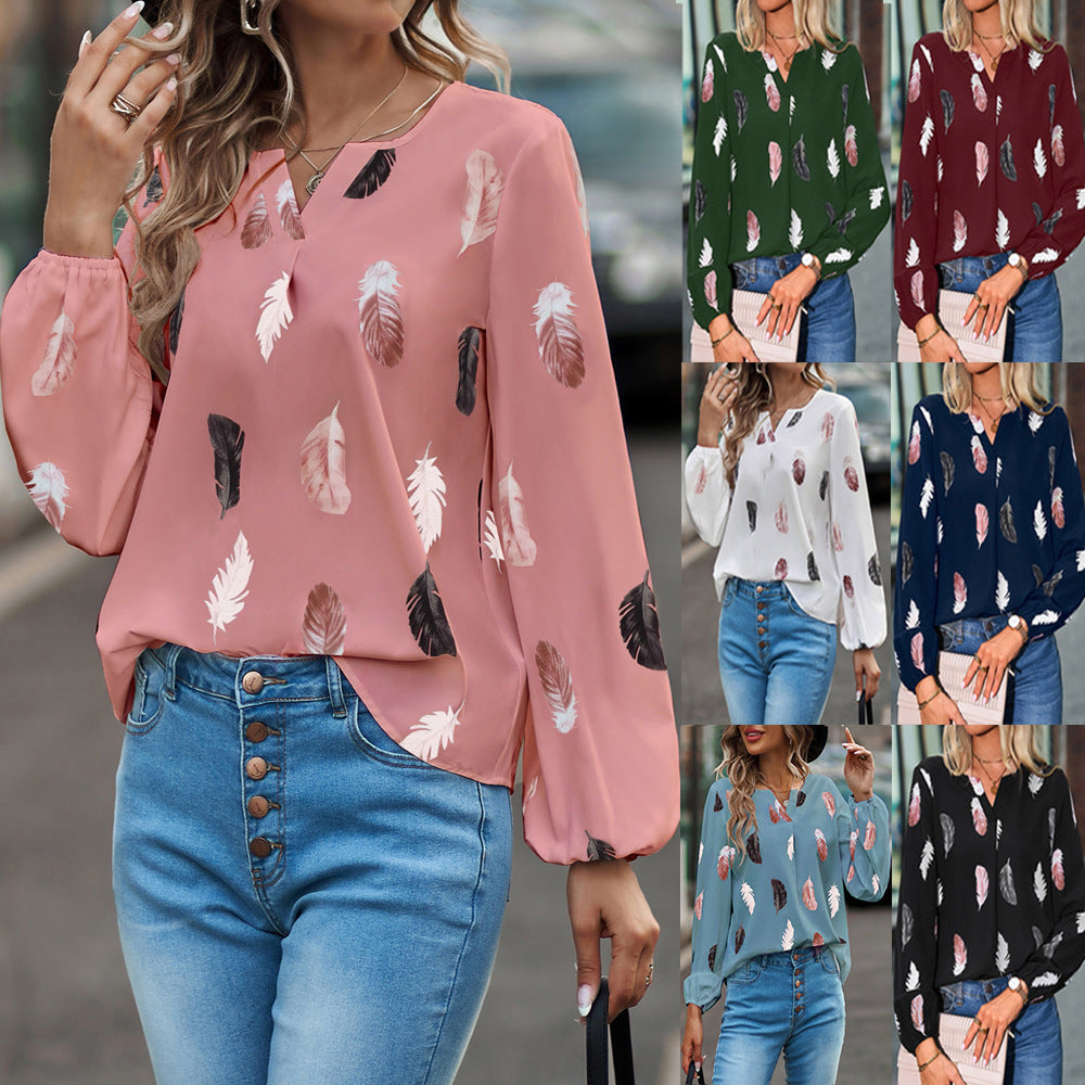 T-shirt à manches longues et col en v pour femmes, ample, avec impression de plumes, transfrontalier, européen et américain, Amazon