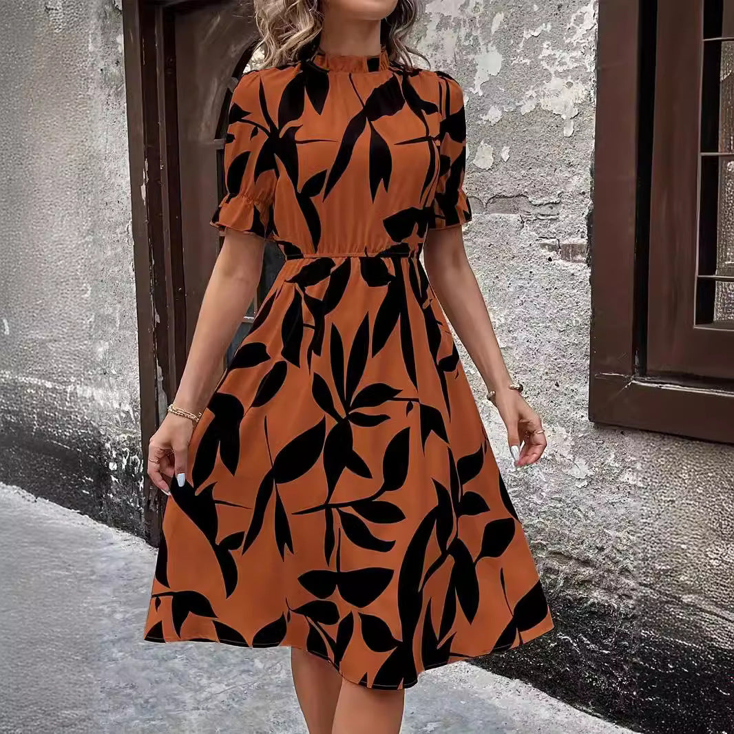 Robe à manches courtes, imprimé plante à volants, grande jupe à la taille, explosions d'europe et d'amérique