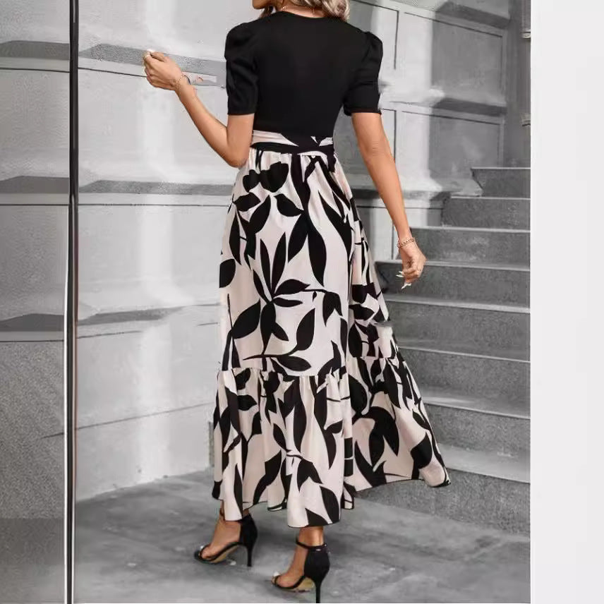 Robe à col ras du cou pour femmes, vêtements de printemps et d'été, impression de fleurs, robe élégante