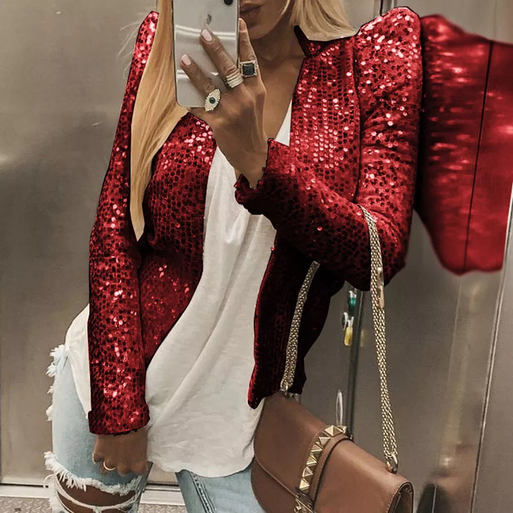 2023 printemps transfrontalier nouvelle mode européenne et américaine mode col montant couleur unie manteau à paillettes court décontracté polyvalent petit manteau