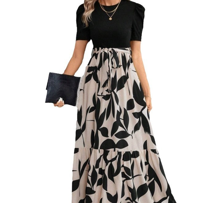 Robe à col ras du cou pour femmes, vêtements de printemps et d'été, impression de fleurs, robe élégante