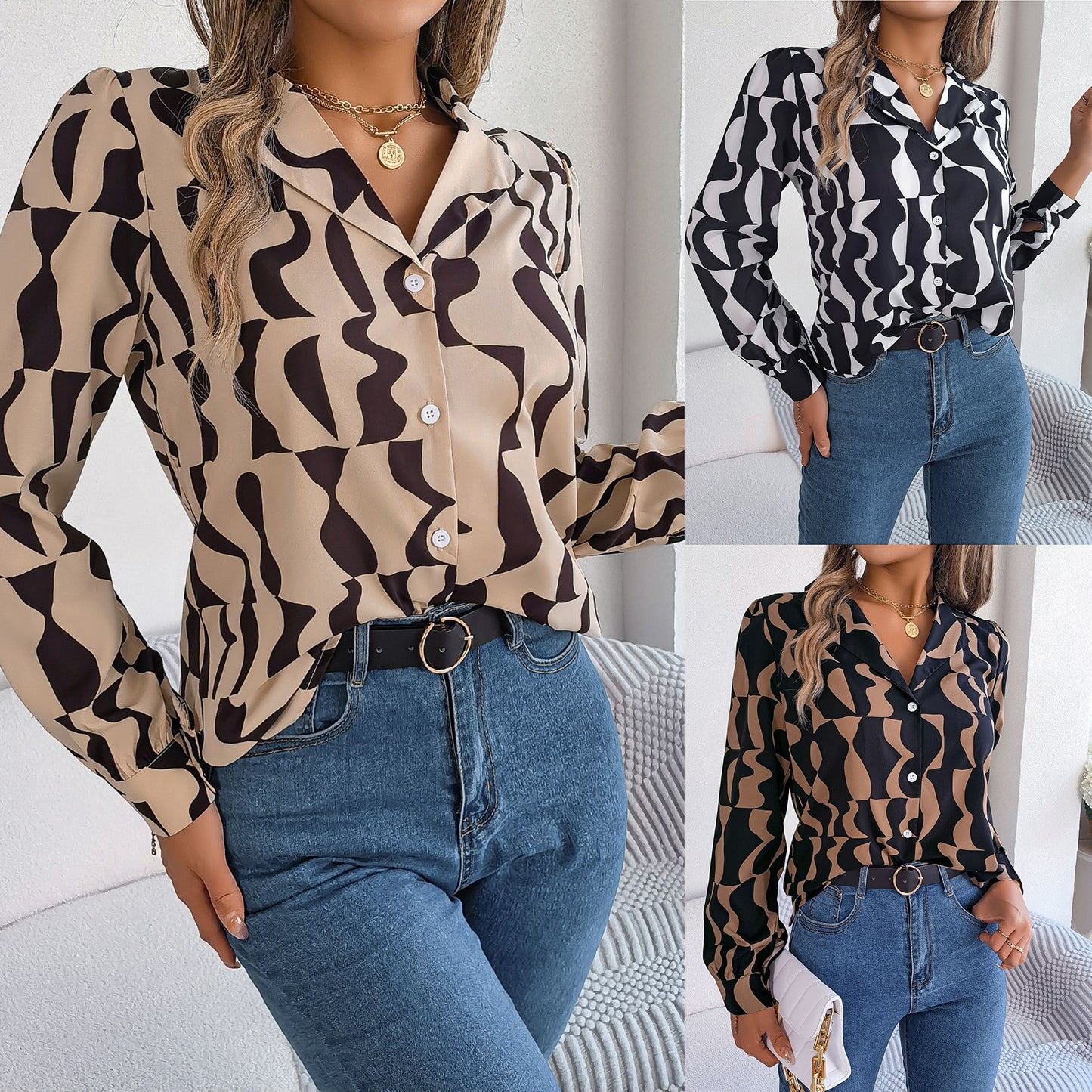 Printemps et été banlieue tempérament couleur contraste rayé costume col à manches longues chemise vêtements pour femmes