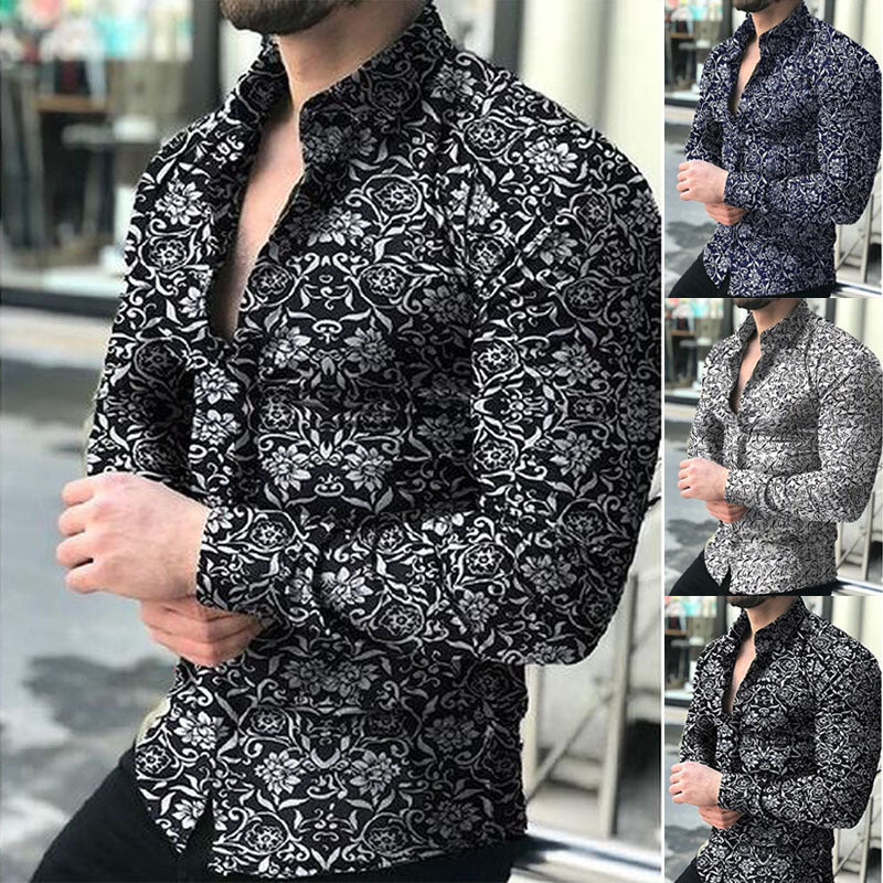 New European And American Spring And Autumn Men's Wear Men's Long-sleeved Shirts Casual Printed Floral Shirts Men's Tops