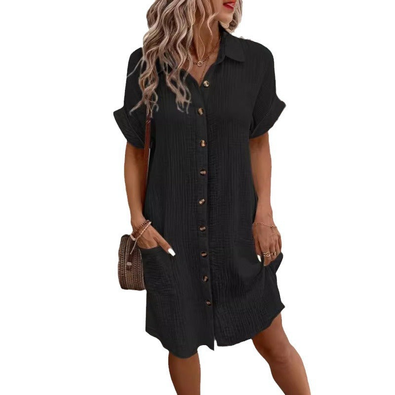 Robe d'été Simple en coton et lin, col en v, boutons, chemise pour femmes