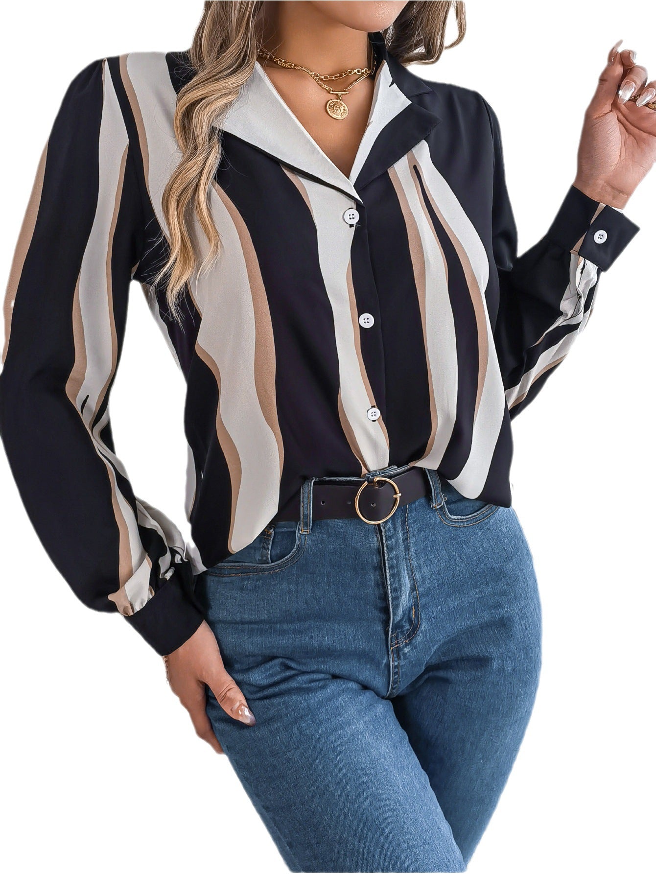 Printemps et été européen et américain décontracté tout-match couleur contrastée rayé costume col à manches longues chemise