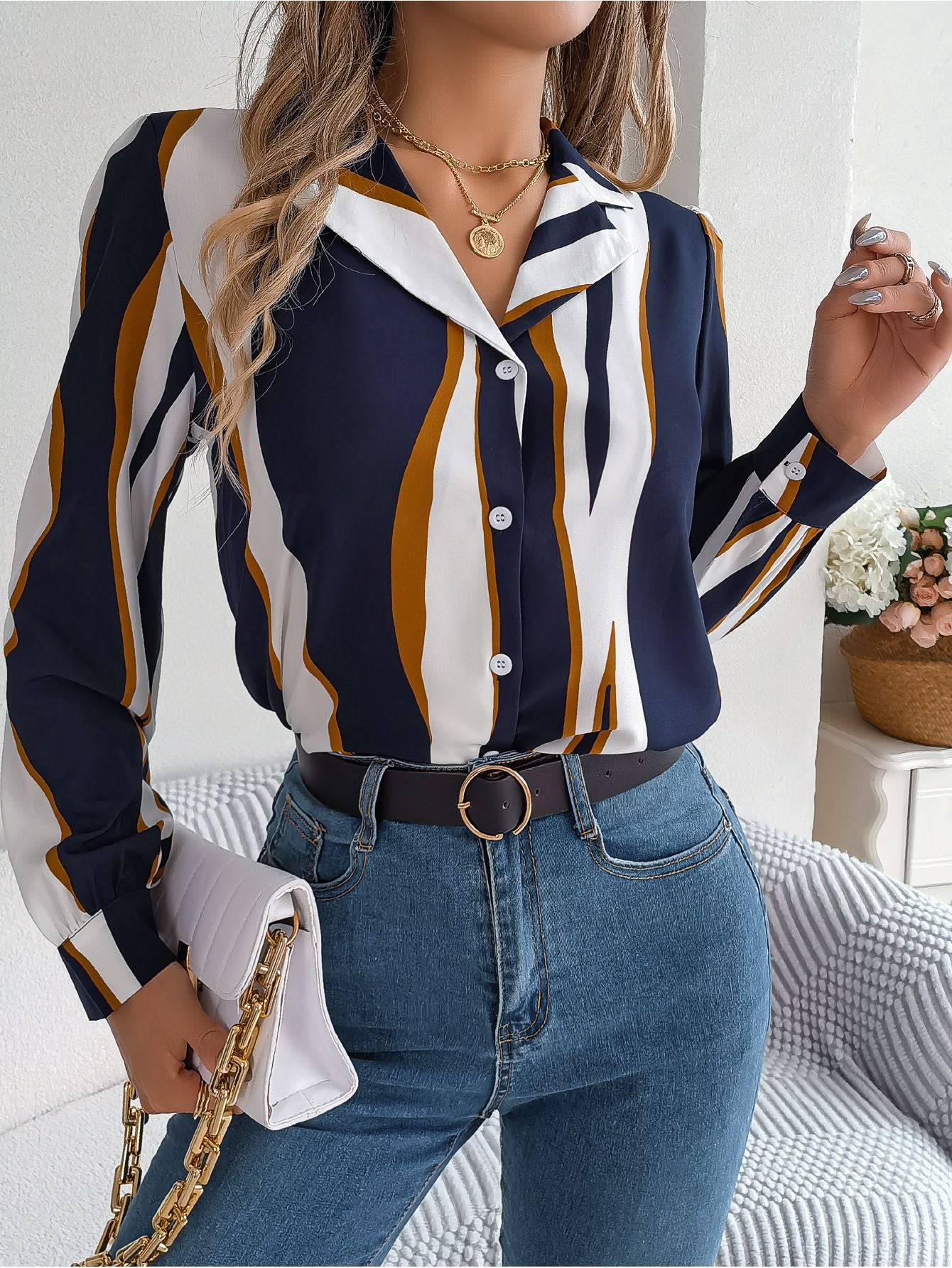 Printemps et été européen et américain décontracté tout-match couleur contrastée rayé costume col à manches longues chemise