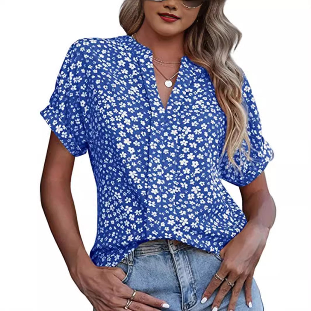 Chemise décontractée plissée à col en V et manches courtes, petite chemise florale