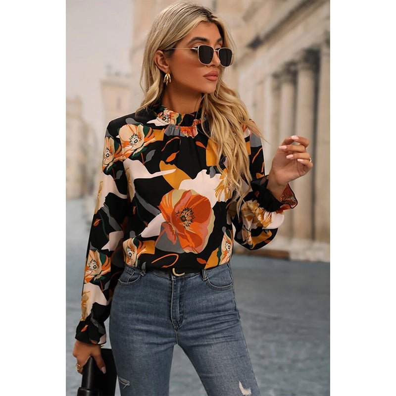 Shiying Automne Mince Pull Imprimé Floral Pour Les Femmes 2024 Tempérament Transfrontalier Européen Et Américain Banlieusard Couleur Contrastée Chemise En Mousseline De Soie Pour Les Femmes