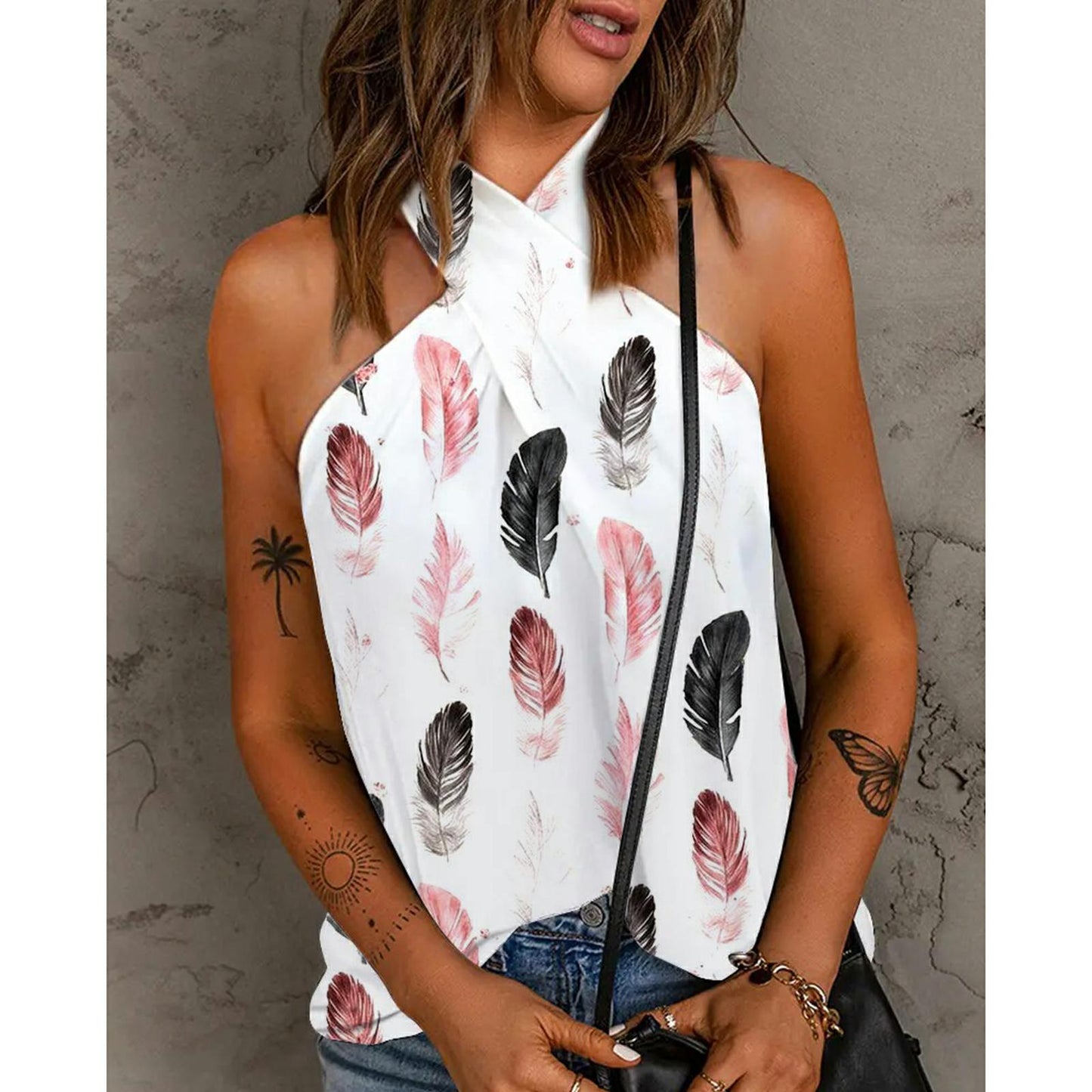 Pull d'été imprimé châle, décontracté, sans couture, impression de positionnement, ample, sans manches, col licou, T-shirt