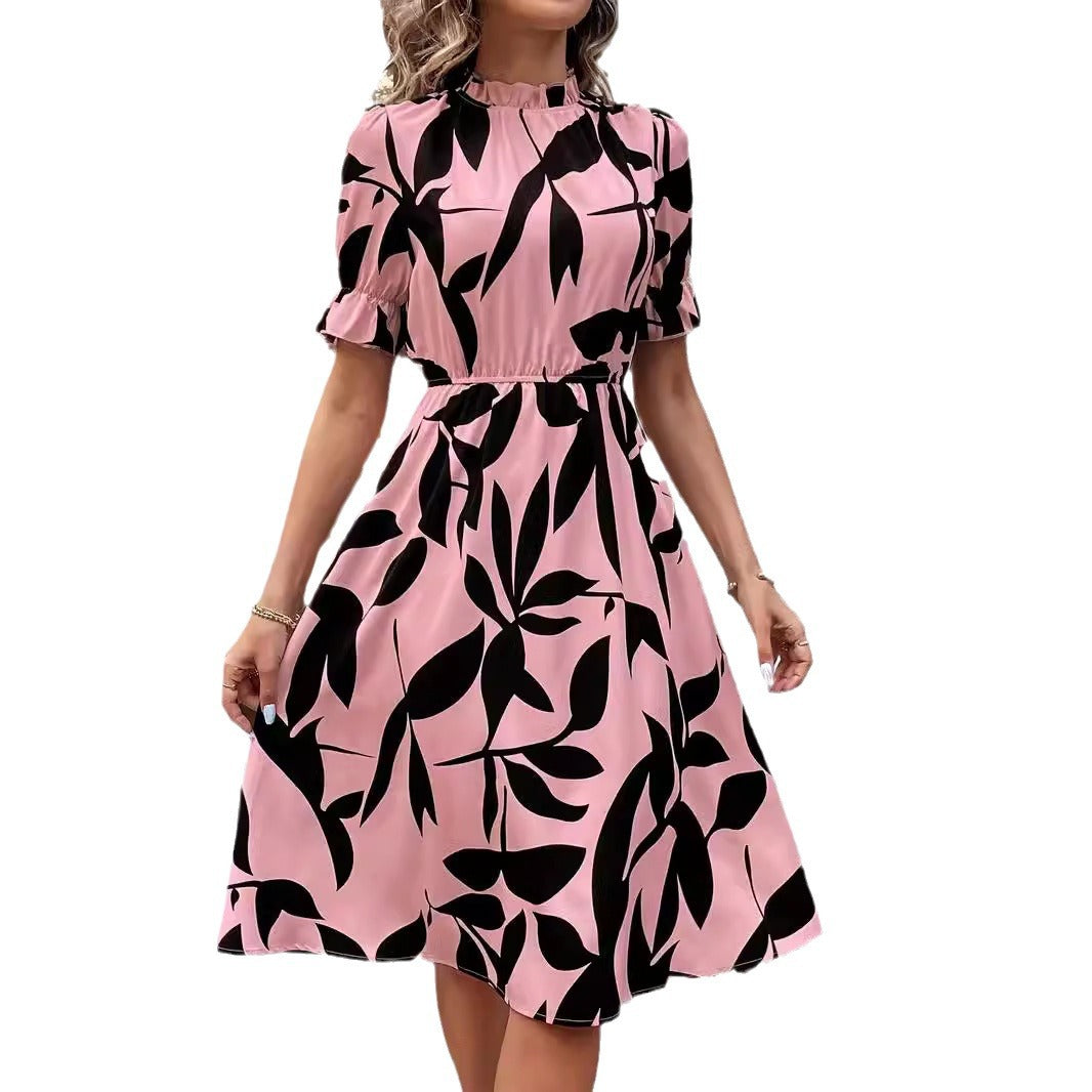 Robe à manches courtes, imprimé plante à volants, grande jupe à la taille, explosions d'europe et d'amérique