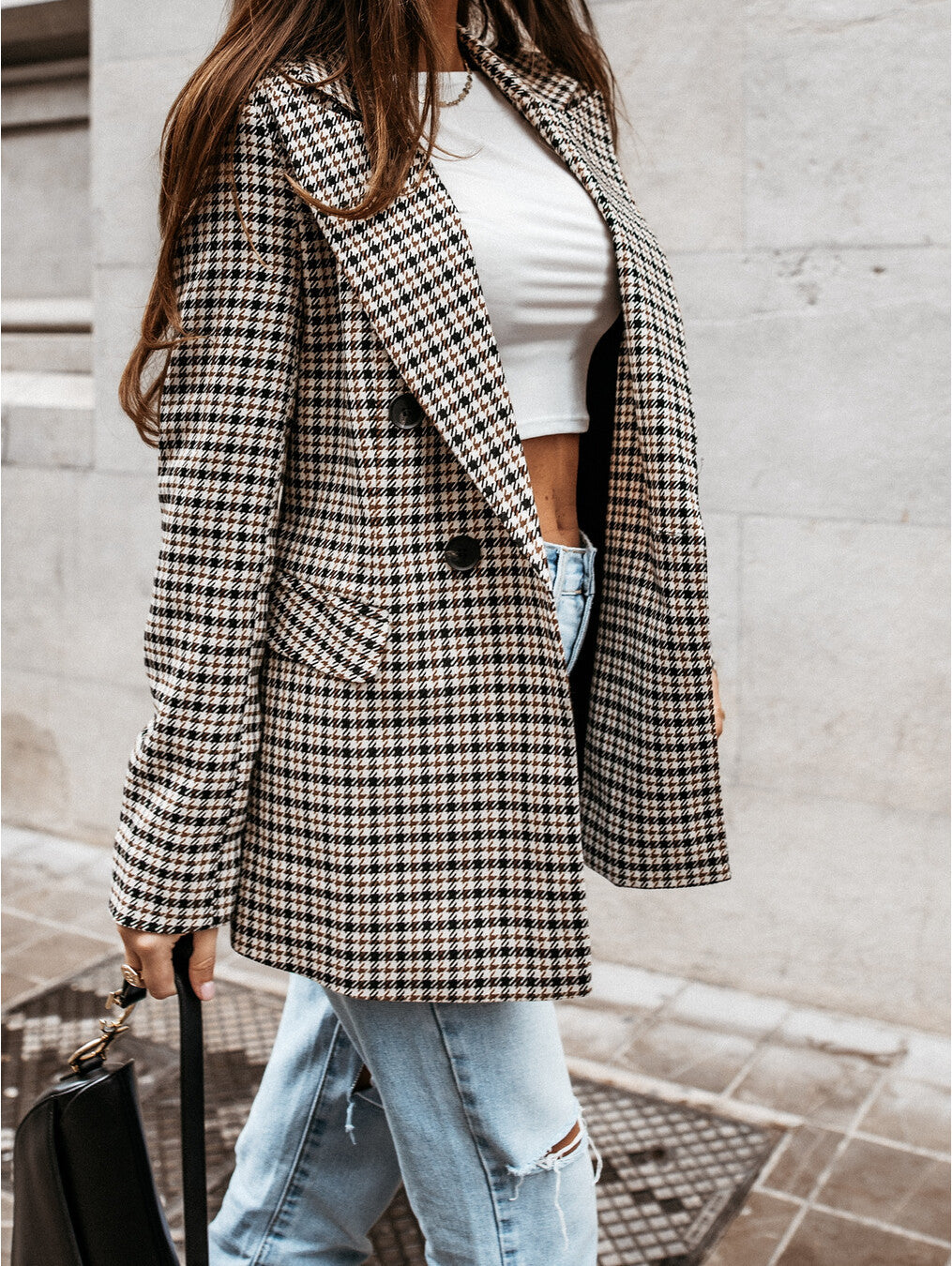 2021 Station indépendante du commerce extérieur transfrontalier automne et hiver nouveau revers à double boutonnage imprimé tempérament à carreaux petit costume pour les femmes