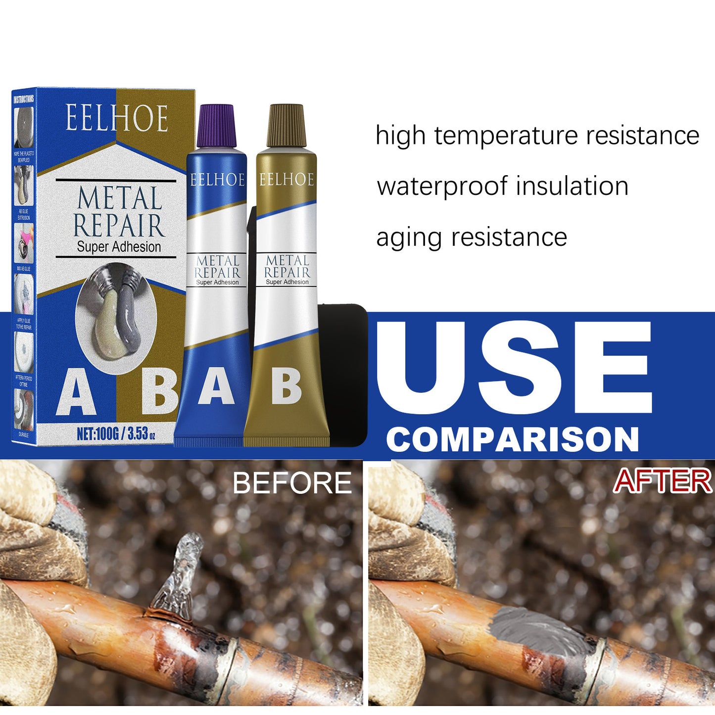 La colle à roulettes EELHOE est résistante aux hautes températures, à séchage rapide, étanche, colle à souder, fer, acier inoxydable, fonte, colle de réparation des métaux