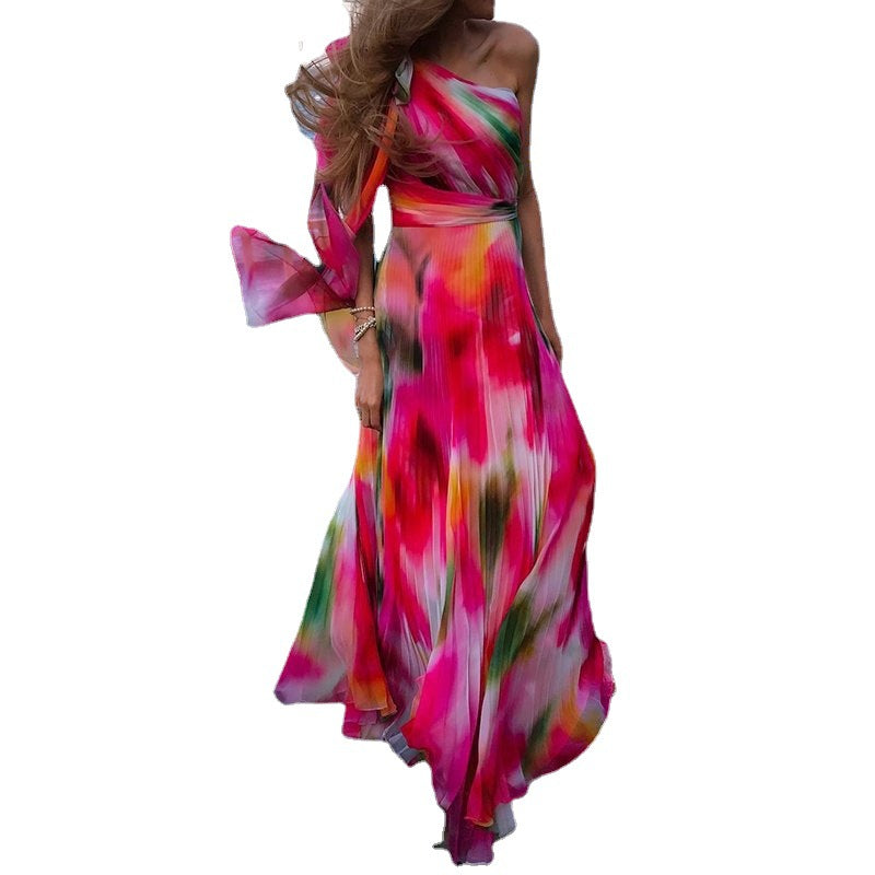 Robe plissée à taille plissée pour femmes, nouveaux produits d'été transfrontaliers européens et américains, mode pièce unique, imprimé arc-en-ciel, 2022