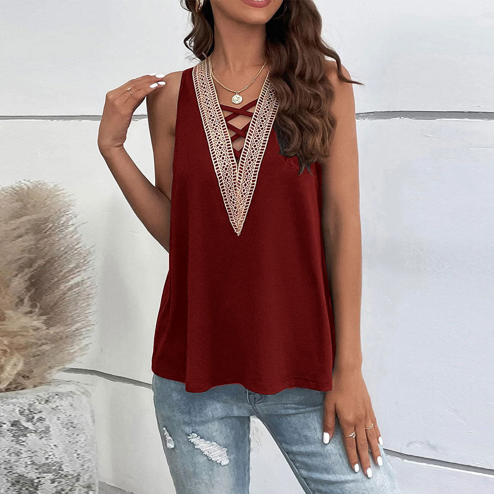 2023 printemps et été transfrontalier Amazon vêtements pour femmes Sexy creux col en v sans manches gilet décontracté ample dessus de couleur unie TOP
