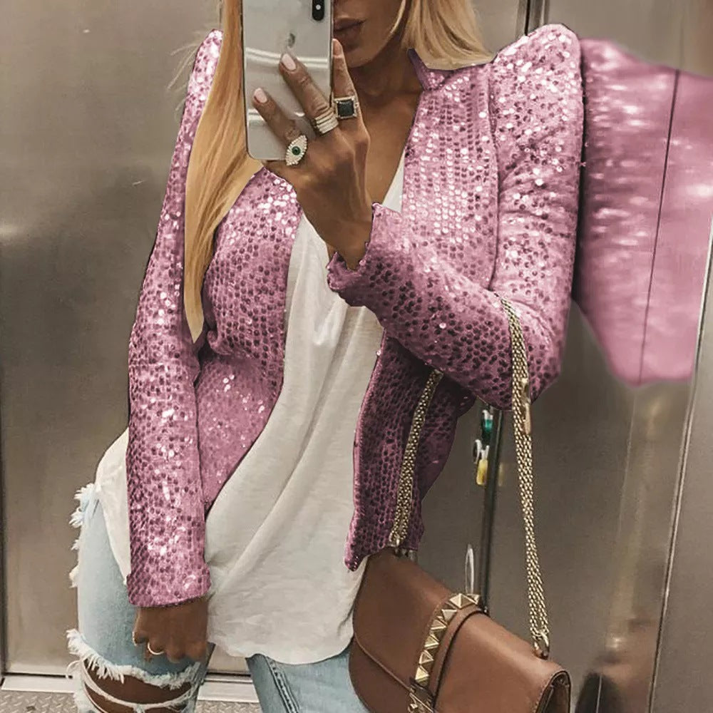 2023 printemps transfrontalier nouvelle mode européenne et américaine mode col montant couleur unie manteau à paillettes court décontracté polyvalent petit manteau
