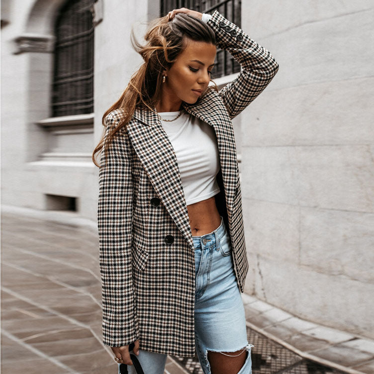 2021 Station indépendante du commerce extérieur transfrontalier automne et hiver nouveau revers à double boutonnage imprimé tempérament à carreaux petit costume pour les femmes