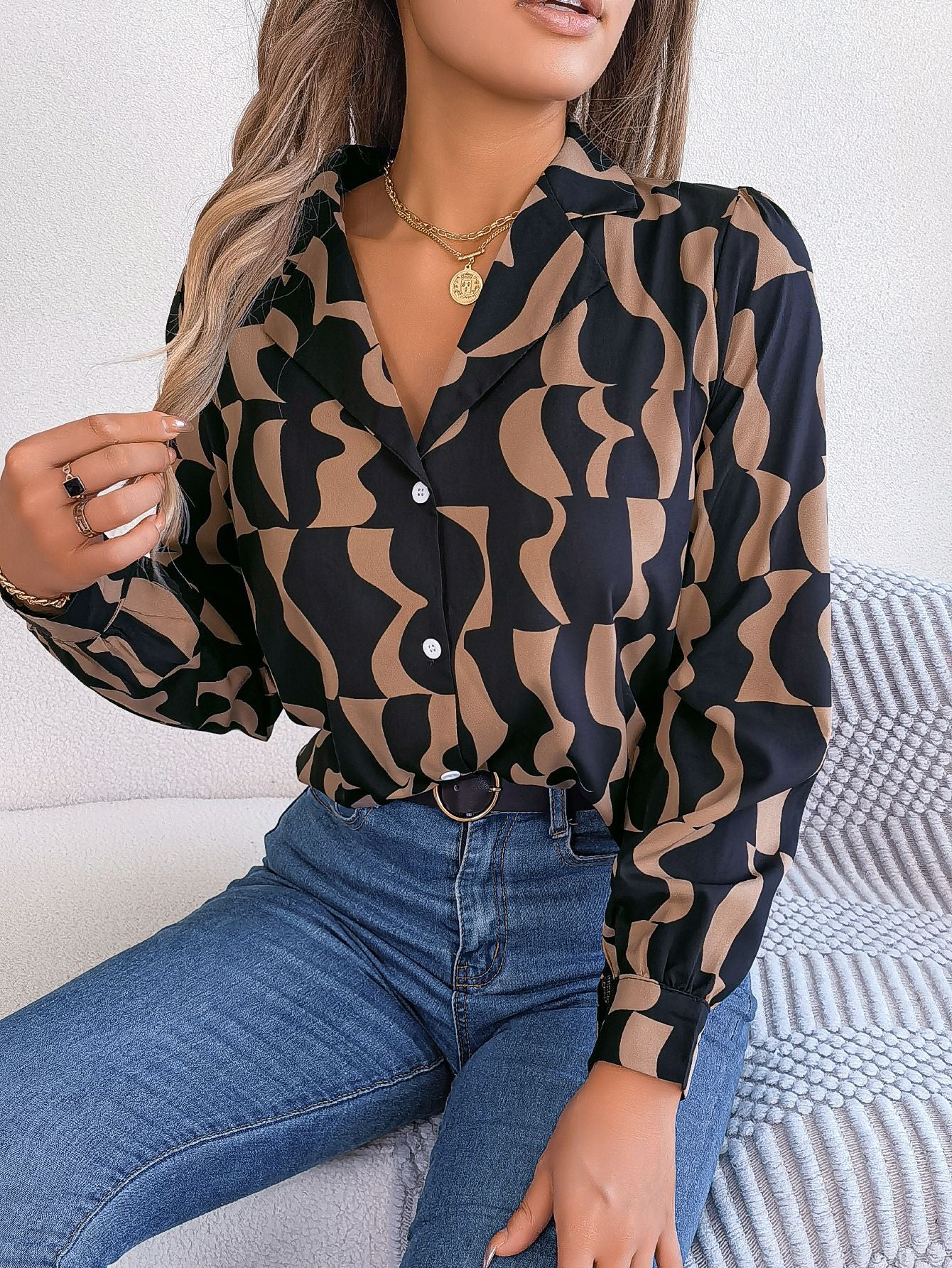 Printemps et été banlieue tempérament couleur contraste rayé costume col à manches longues chemise vêtements pour femmes