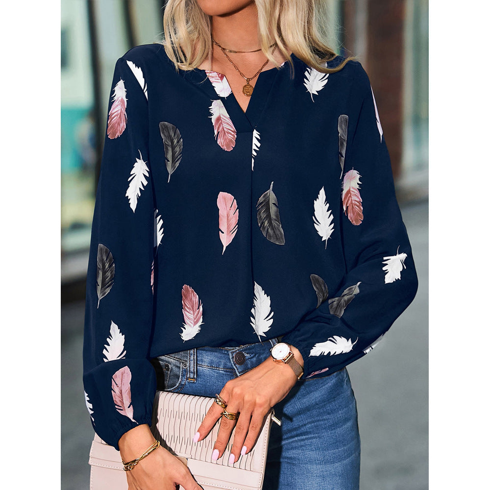 T-shirt à manches longues et col en v pour femmes, ample, avec impression de plumes, transfrontalier, européen et américain, Amazon