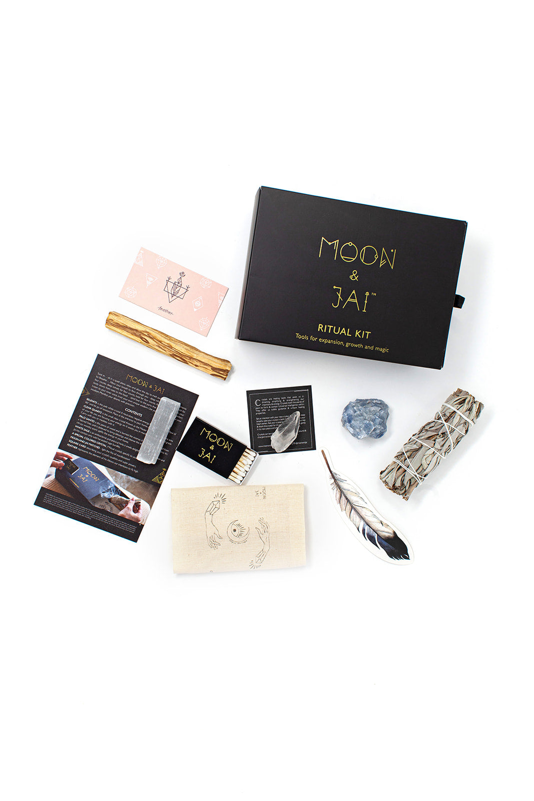 Kit rituel d'équilibre avec sauge, calcite bleue, pointe de quartz clair et palo santo