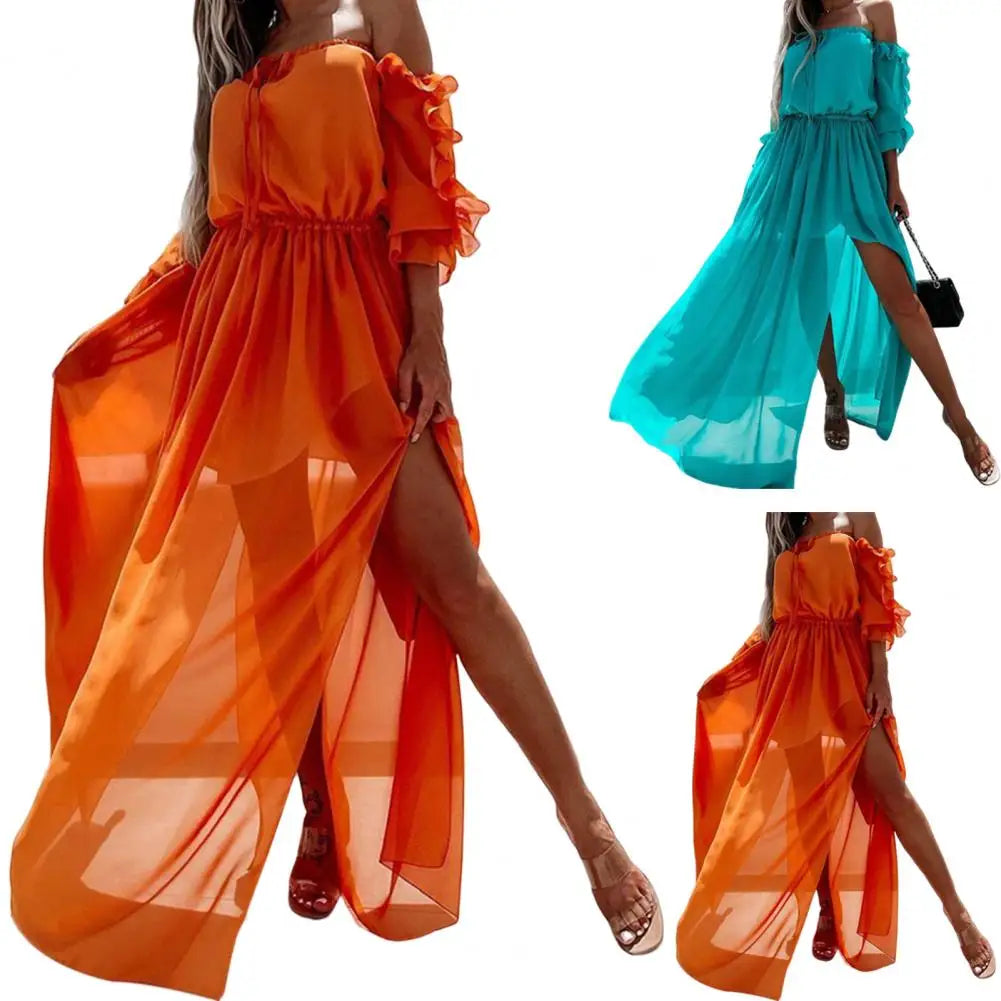 Robe longue à lacets en mousseline de soie pour femmes, couleur unie, à volants
