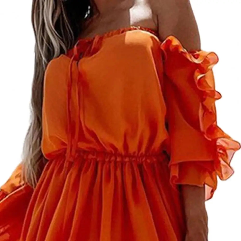 Robe longue à lacets en mousseline de soie pour femmes, couleur unie, à volants