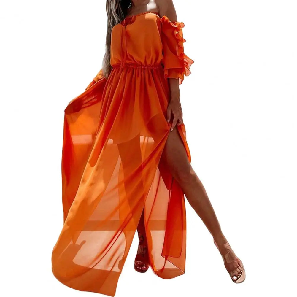 Robe longue à lacets en mousseline de soie pour femmes, couleur unie, à volants