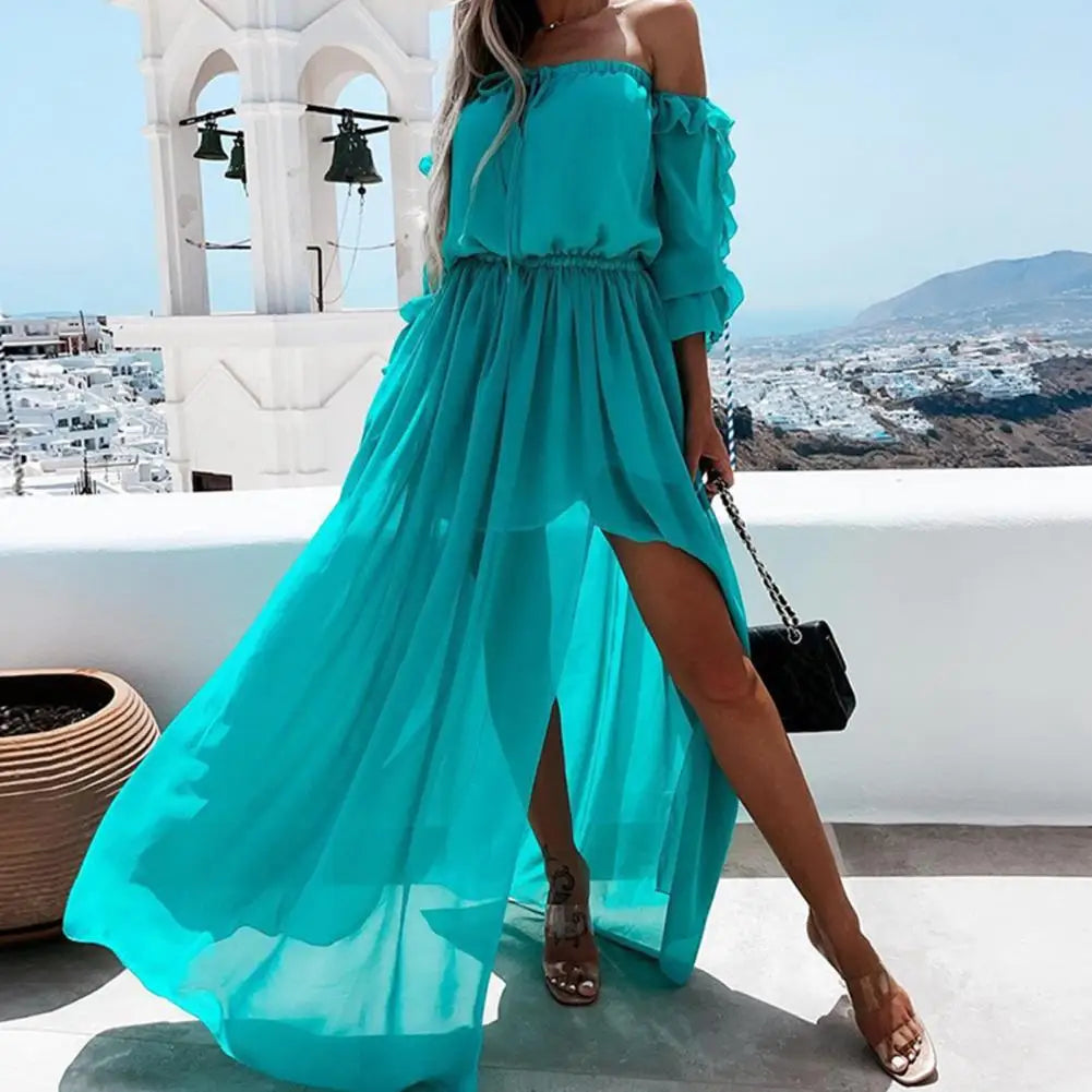Robe longue à lacets en mousseline de soie pour femmes, couleur unie, à volants