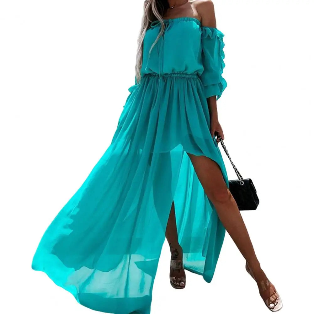Robe longue à lacets en mousseline de soie pour femmes, couleur unie, à volants