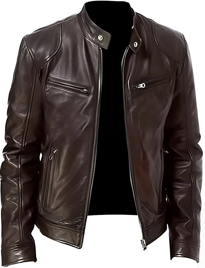 Veste en cuir marron uni à manches longues pour homme