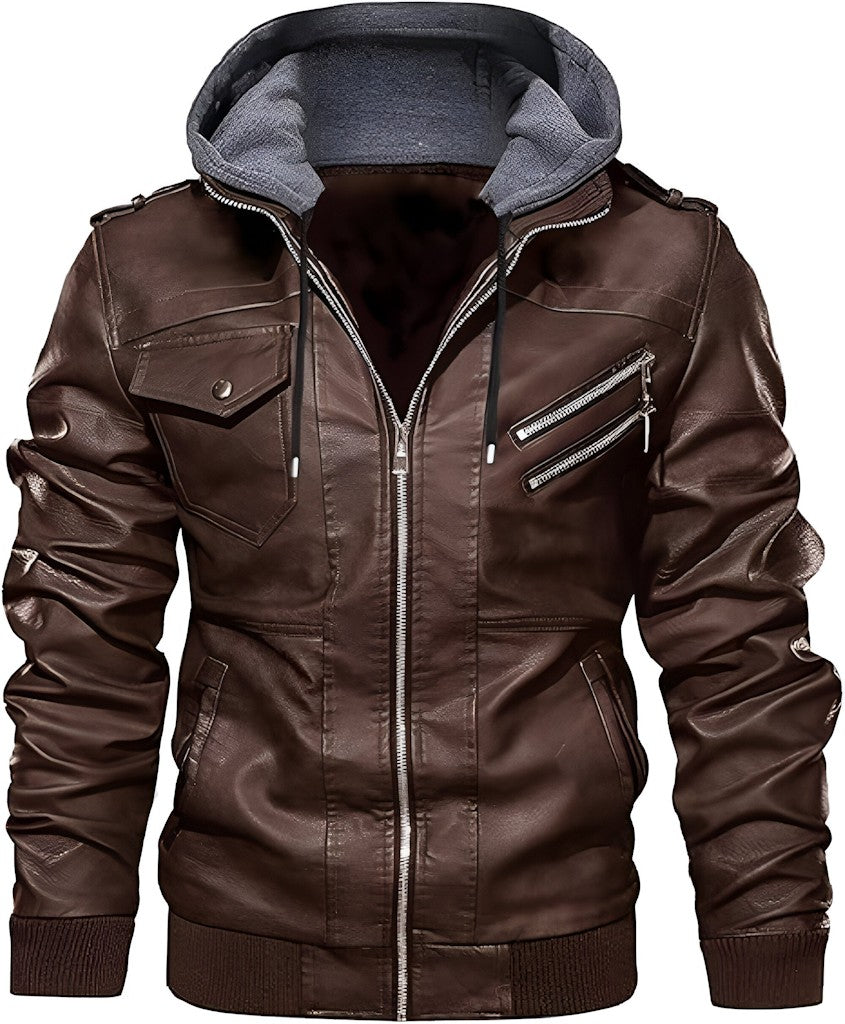 Veste de moto zippée à capuche en similicuir pour homme