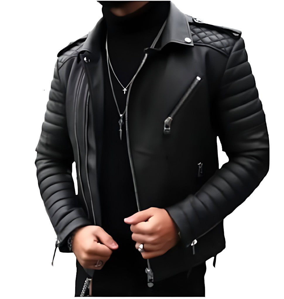 Veste d'hiver en cuir pour homme avec empiècements matelassés