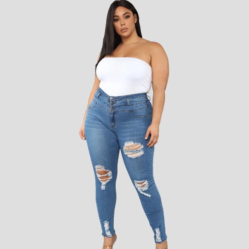 Pantalon Jeans déchirés taille haute grande taille