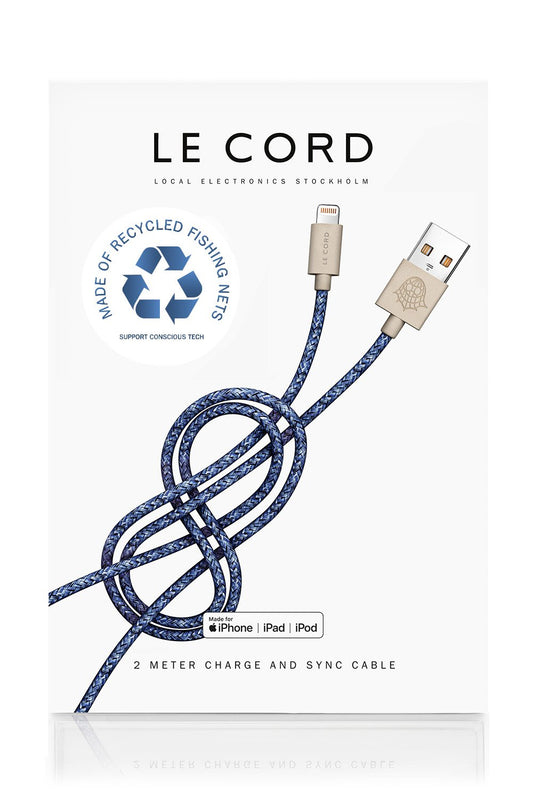 Câble Lightning Bleu pour iPhone · 2 mètres · Fabriqué à partir de filets de pêche recyclés Livraison 7 jours