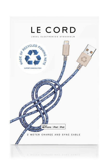 Câble Lightning Bleu pour iPhone · 2 mètres · Fabriqué à partir de filets de pêche recyclés Livraison 7 jours