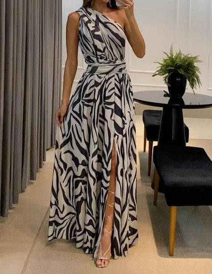 Jupe d&#039;été pour femmes, nouvelle collection européenne et américaine, transfrontalière Amazon, Sexy, dos nu, asymétrique, épaule dénudée, sans manches, robe imprimée, 2023