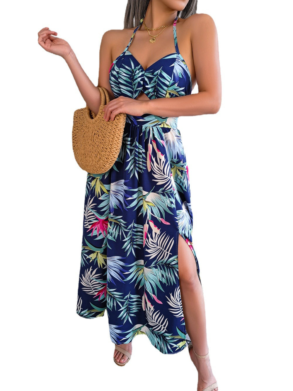 Robe à fleurs sans manches à bretelles creuses, robe de plage de vacances
